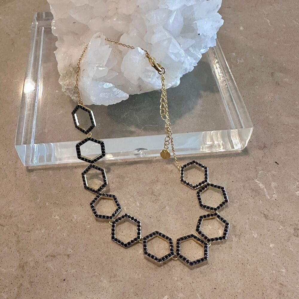 Sterling Forever Gold Hexagon Black CZ Necklace